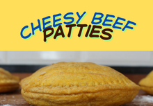 Cheesy beef patties with a yellow background and text overlay