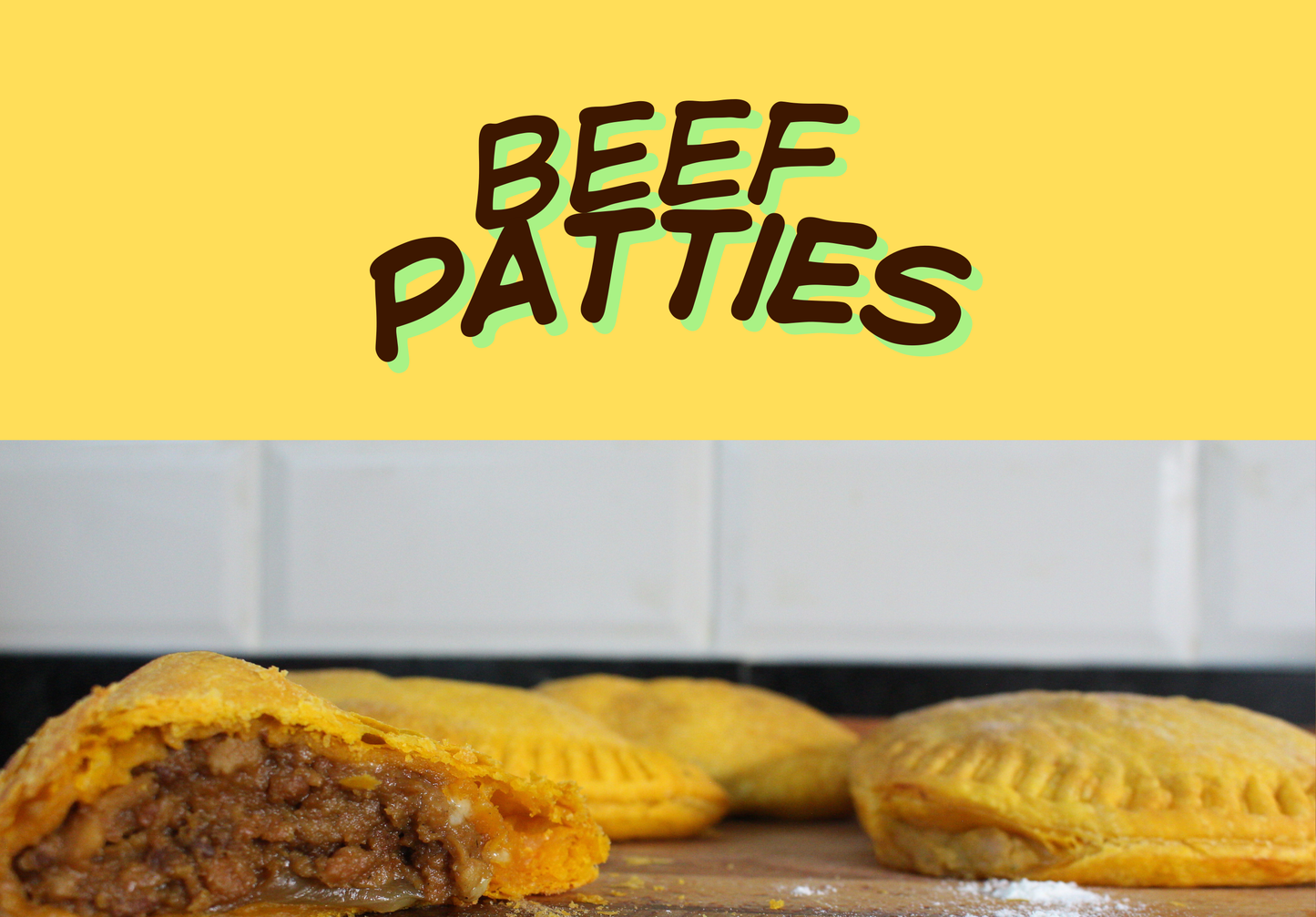 Beef patties on a yellow background with 'BEEF PATTIES' text
